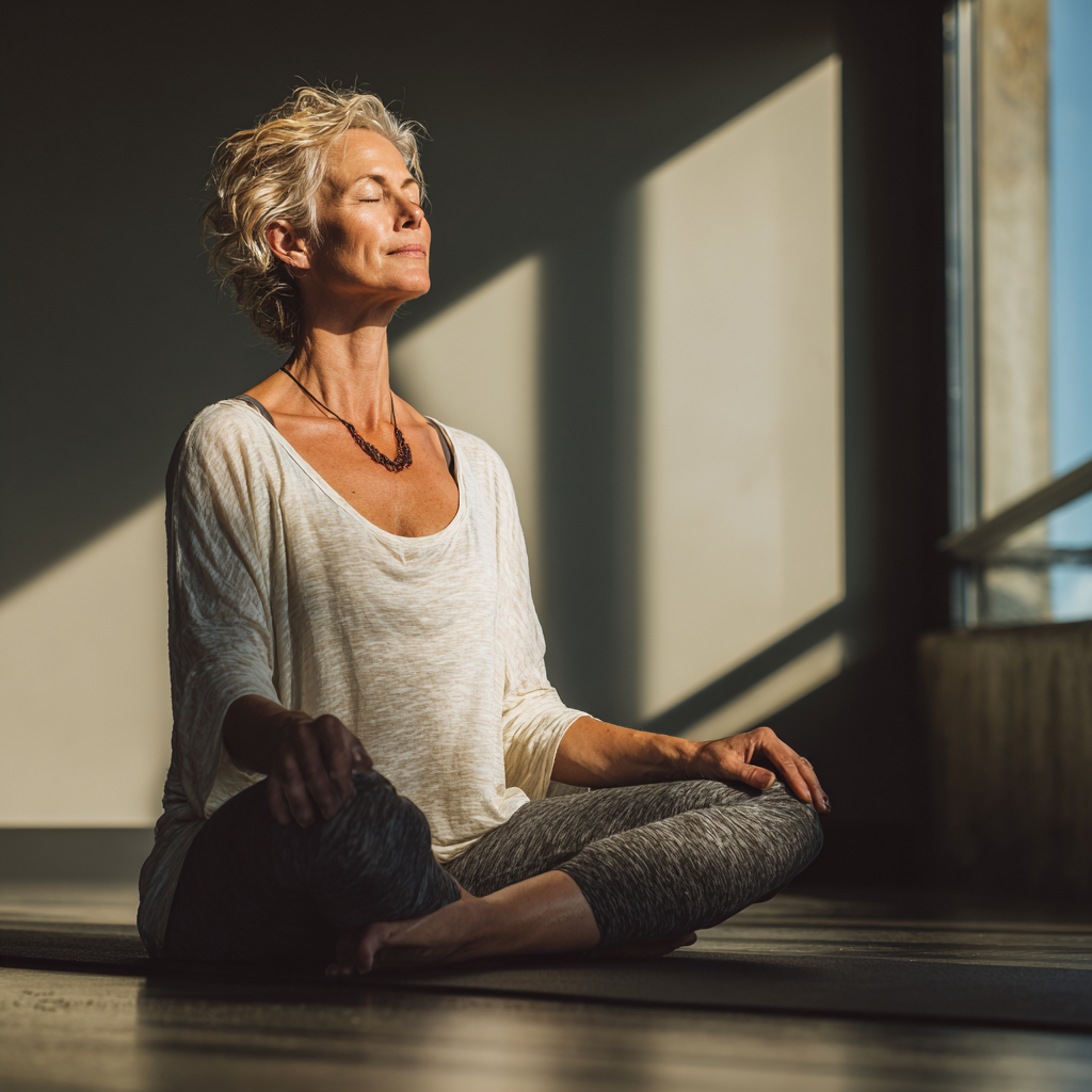 Middle-aged woman practicing gentle yoga poses in natural light studio