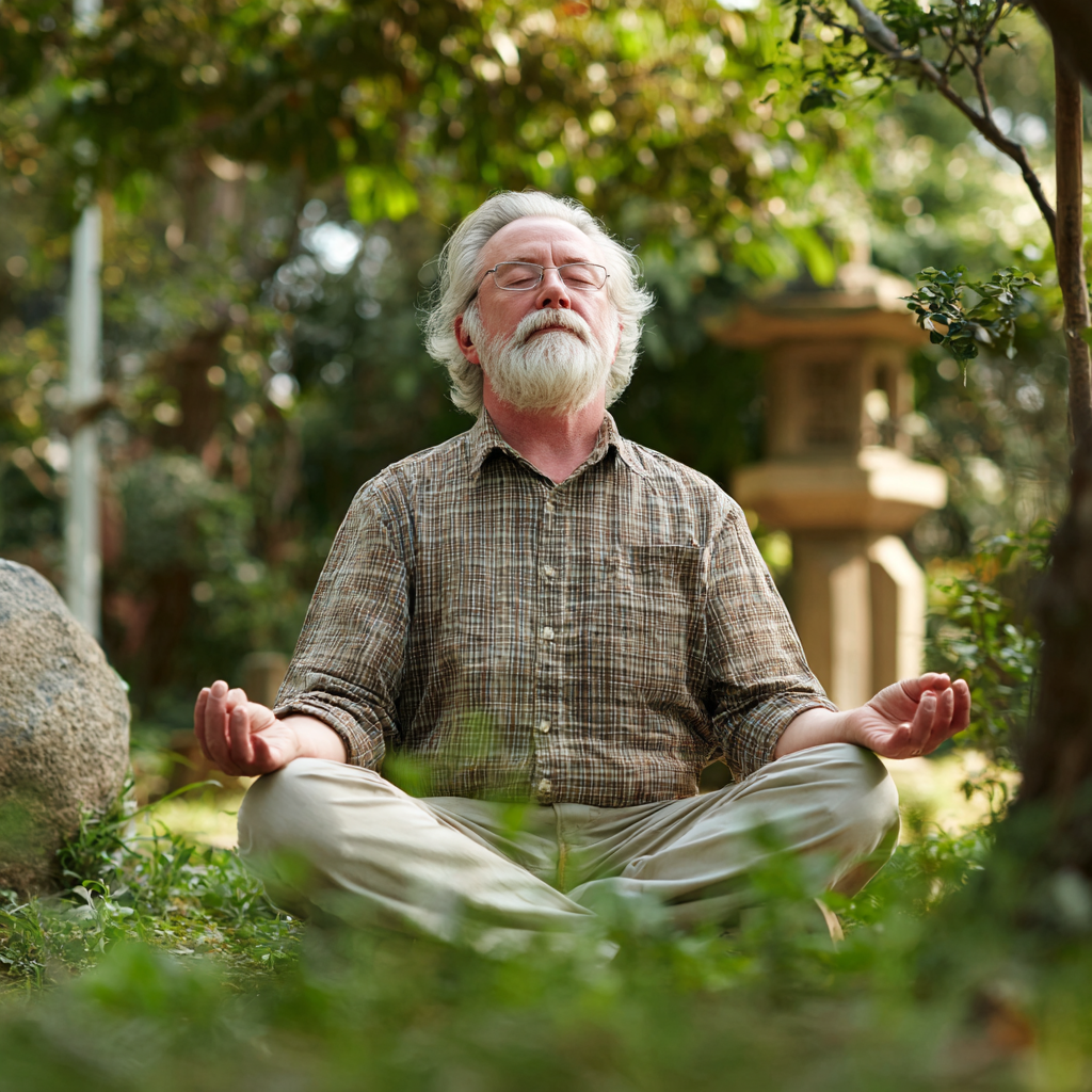 Senior adult practicing meditation in peaceful garden setting